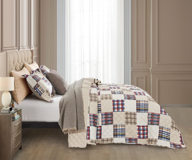 CHIXIN Plaid Quilt Queen Size - Classic Tartan Plaid Pattern - Lightweight Bedspread Coverlet Set, Country Patchwork Bedding Cover for All Season, 3 Piece, Beige - Image 4